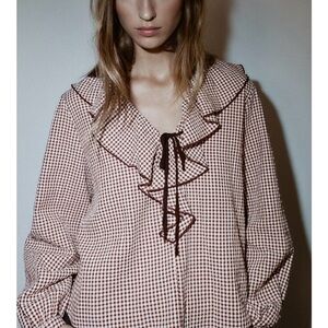 Zara Brown and White Gingham Ruffle Tie Blouse new with tags size small